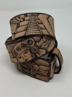 Hand Tooled Leather Belt Aztec Mayan Motif Western Artisan 42